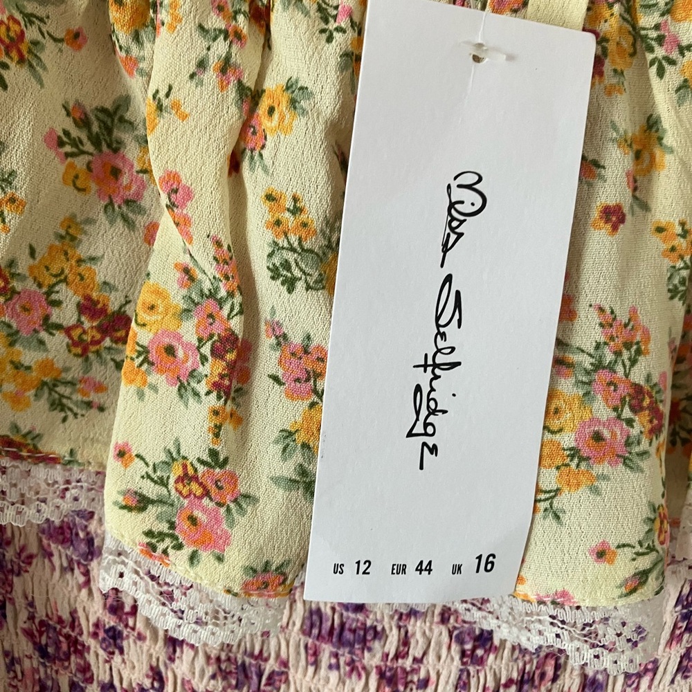 MISS SELFRIDGE TIERED FRILL BARDOT MAXI DRESS IN MIXED DITSY PRINT NWT SIZE 12 - Picture 6 of 6